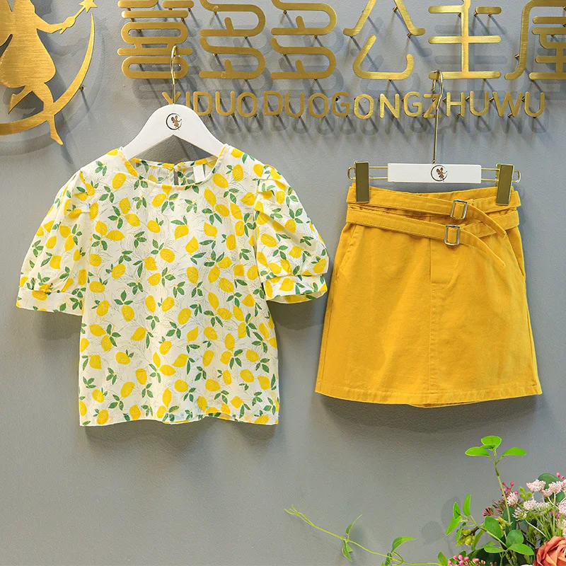 New Fashion Summer Girl Clothing Suit Country Style Floral Puff Sleeve Top + Belt Denim Skirt Two-Piece Suit Children\'S Clothing