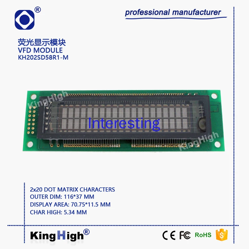 

VFD Display 20*2 Dot Matrix KH202SD58R1-M Universal 20T202DA1J M202SD16 20M2B0B