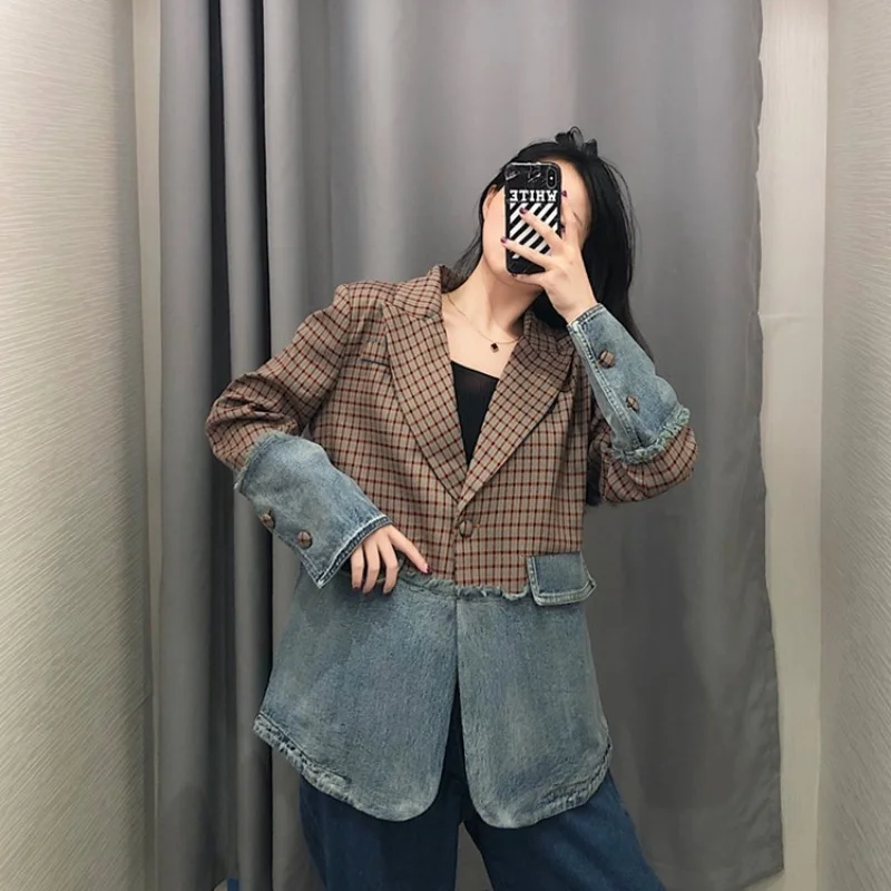 Suit Vintage Coat Female Fashion Design Plaid Jacket Splice Denim Jackets Casual Loose Fit Single Button Autumn Suits Outerwear