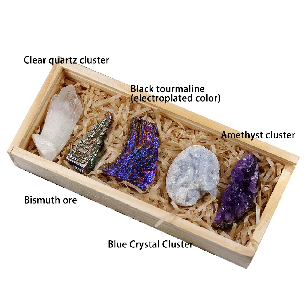 Runyangshi 5pcs/set Natural crystal cluster Original point minerals amethyst cluster Collect woodenbox gifts for Home decoration