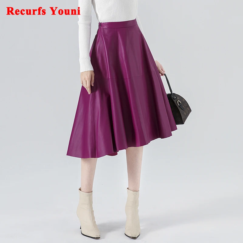 

LUXURY Women Genuine Leather Over Knee Purple Skirt Female Fashion Long Pleated Jupe Mujer Violet Irregular Big Hem Flared Saias