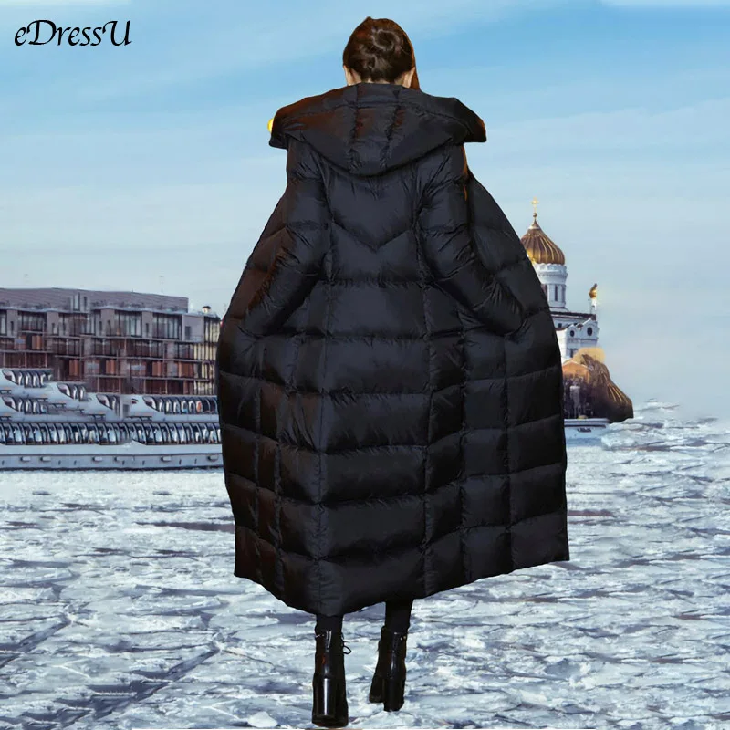 Women Hooded Down Jacket Winter Long Down Coat High Quality Black Daily Casual Outwear SMD-0366