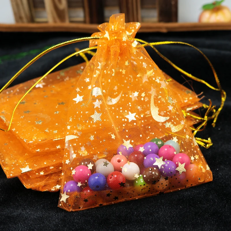 50/100pcs Star Moon Drawstring Organza Bags Jewelry Gift Packing Pouches 13x18cm New Year Sheer Bag Wedding Party Candy Bags