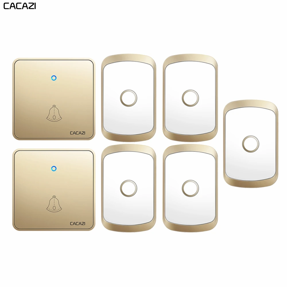 

CACAZI Home Wireless Doorbell Waterproof 300M Remote CR2032 Battery 2 Transmitter 5 Receiver 60 Ring 0-110DB Chime US EU UK Plug