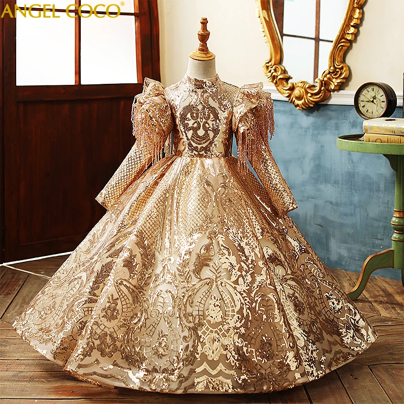 Luxury Children's Beauty Pageant Princess Party Girls Dress Kids Costumes For Kids Dress Ball Gown Wedding Clothes Gold Sequins