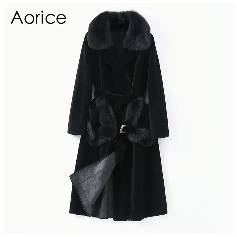 

Aorice Winter Women Wool Fur Coat Trench Sheep Shearing Jacke Fox Collar Coats Lady Female Warm Jackets Parka H2103