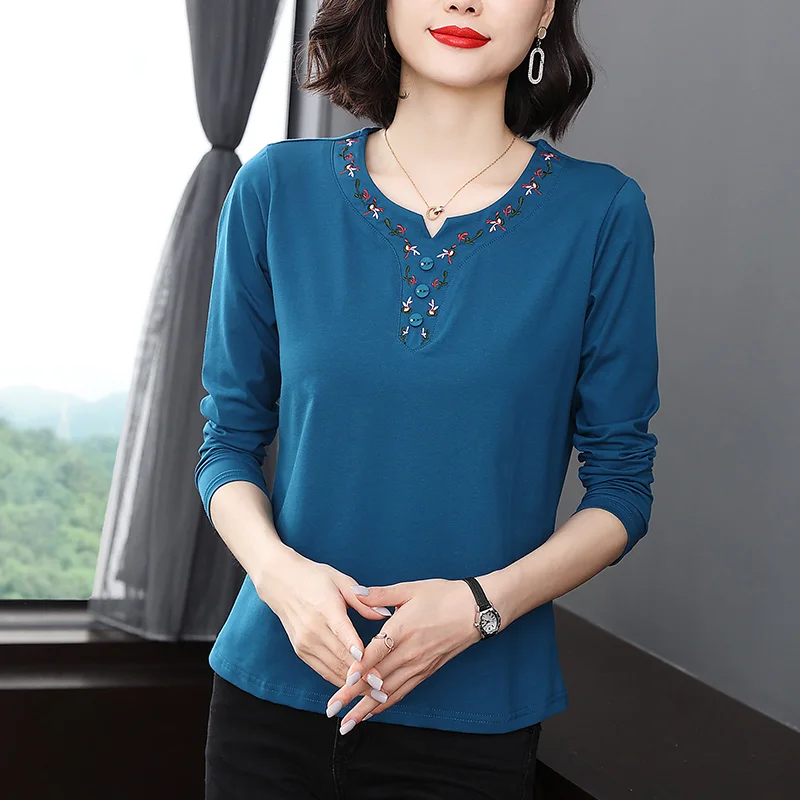 TuangBiang 2022 Early Spring Indie Folk Embroidery V-Neck Cotton T-Shirts Long Sleeve Peacock Blue Tshirts Female Casual Tops