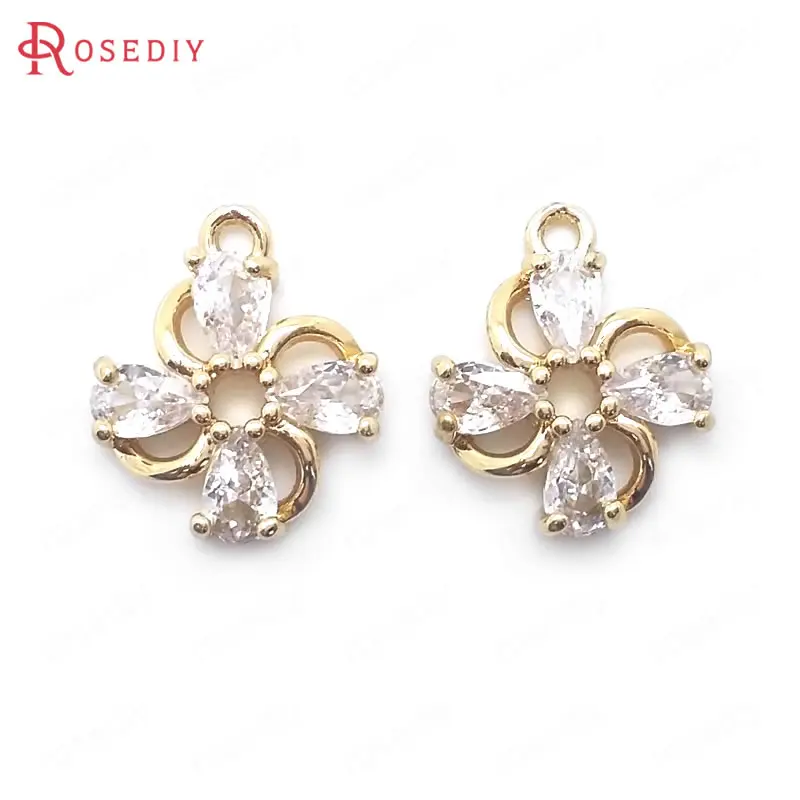 (C561)6 pieces 14x12mm High Quality Champagne Gold Color Brass + Zircon Flowers Charms Pendants Jewelry Findings Accessories