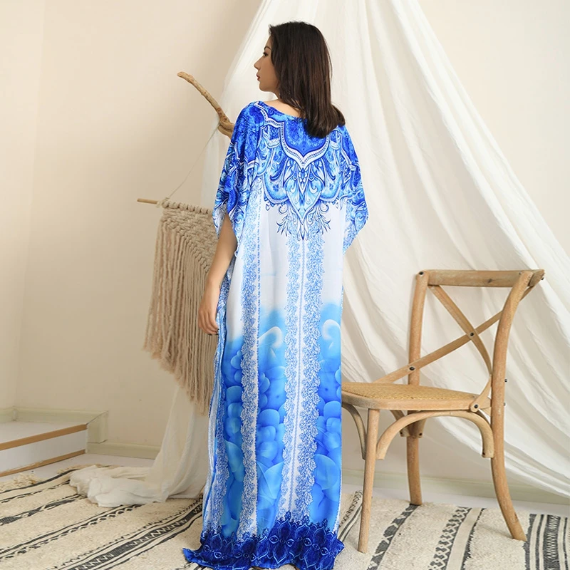 Freesize Kaftan Voor Vrouwen Katoen Blauw Golvende Lijn Patroon Maxidress Fancy Elegante Bohemian Summer Dress Lange Tuniek Loungewear Gown