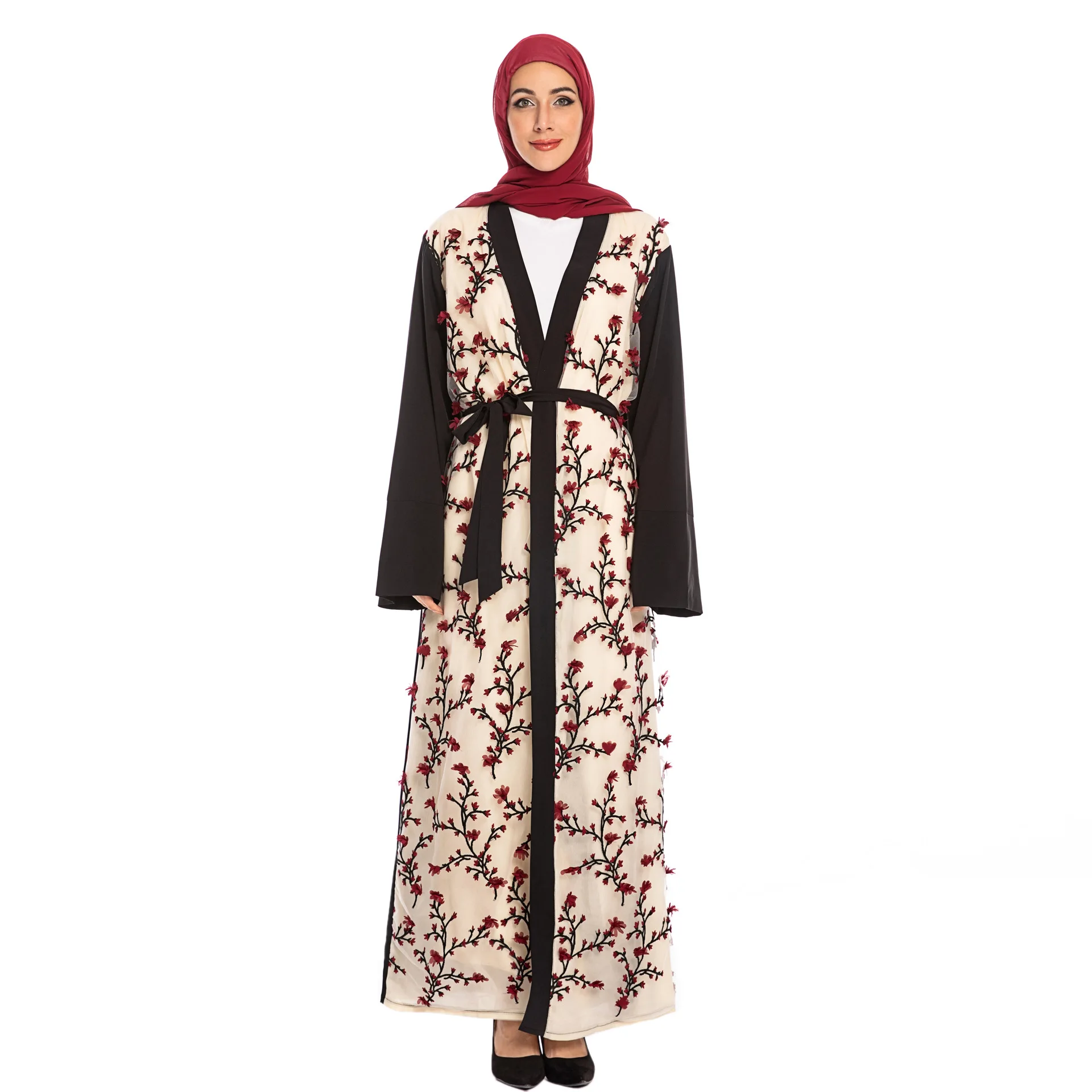 3D Flowers embroidery muslim opened abaya female full length prayer cardigan kimono islamic cardigan robes with belt F1463