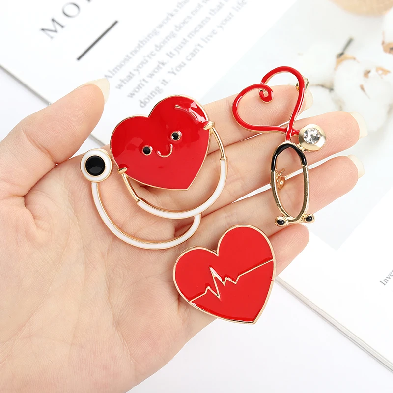 Red Heart Stethoscope Brooch Doctor Nurse Enamel Pins  Electrocardiogram Collar Lapel Pin Unisex Medical Jewelry Graduation Gift