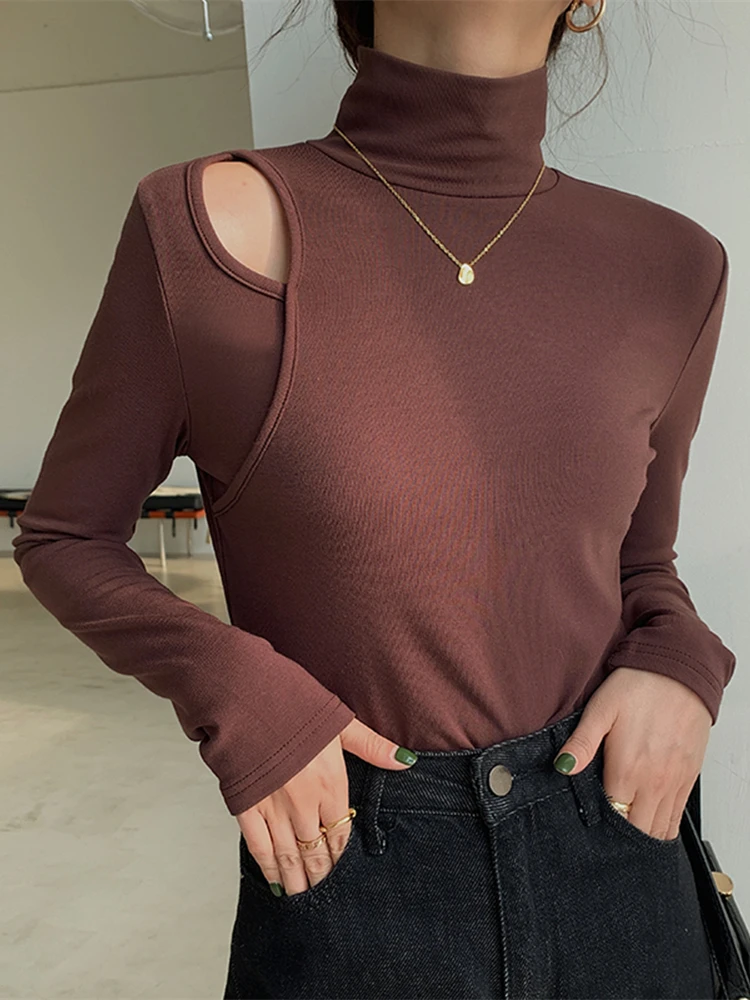 

Thicken Modal Women's T-Shirts Spring Autumn 2022 New Long Sleeve Turtleneck Hollow Out Bottoming Minimalist Shirts Chic Tops
