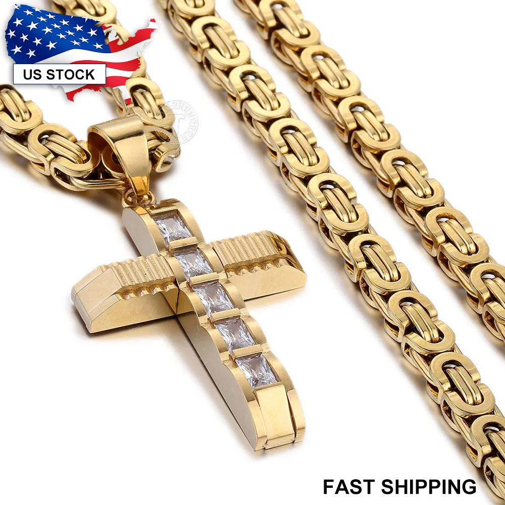 

Davieslee Cross Pendant Necklace for Men Stainless Steel Chain Mens Necklaces Paved Clear Rightstones Gold Silver Color LKP353