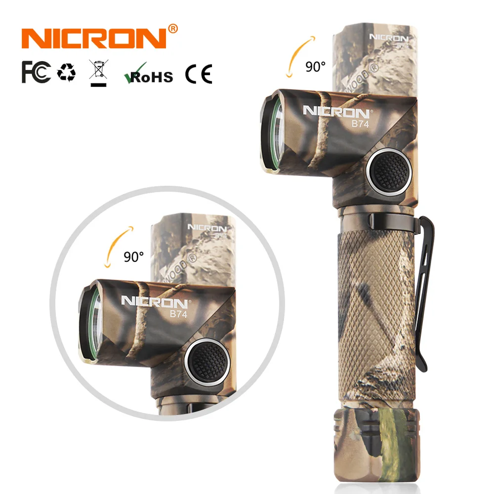 NICRON 3-Color Light 90 Degree Camo Rechargeable Twist Flashlight With 360 Rotary Clip 18650 Waterproof 1200LM LED Torch B70Plus