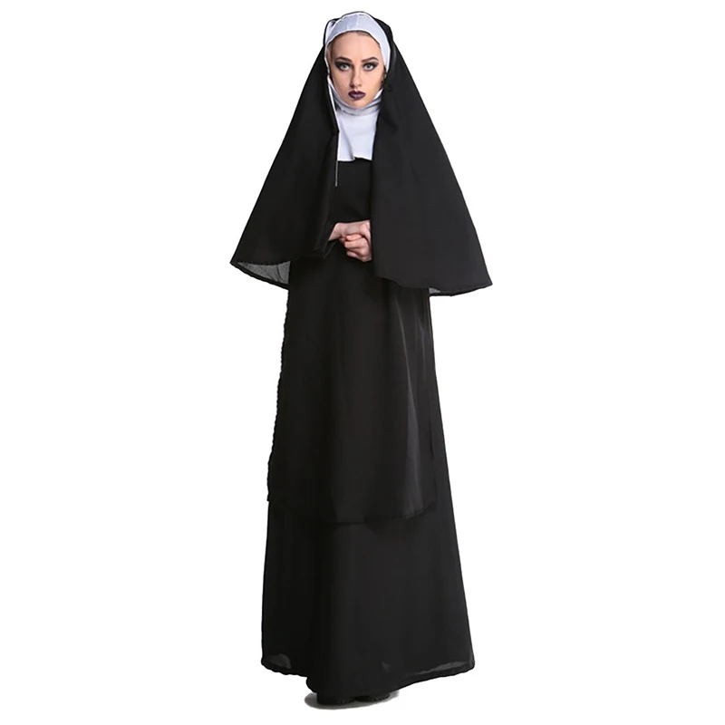 Carnival Halloween Classic Couples Church Priest Nun Habit Costume Traditional Religious Black Robe Cosplay Fancy Party Dress