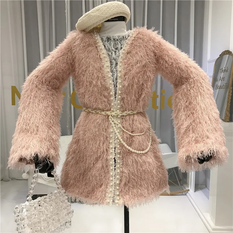 ALPHALMODA 2019 Winter Neue Frauen Plüsch Quaste Pelzmantel Perle Gestreiften Kragen Padded Dicke Warme Weibliche Mode Mantel Outfit