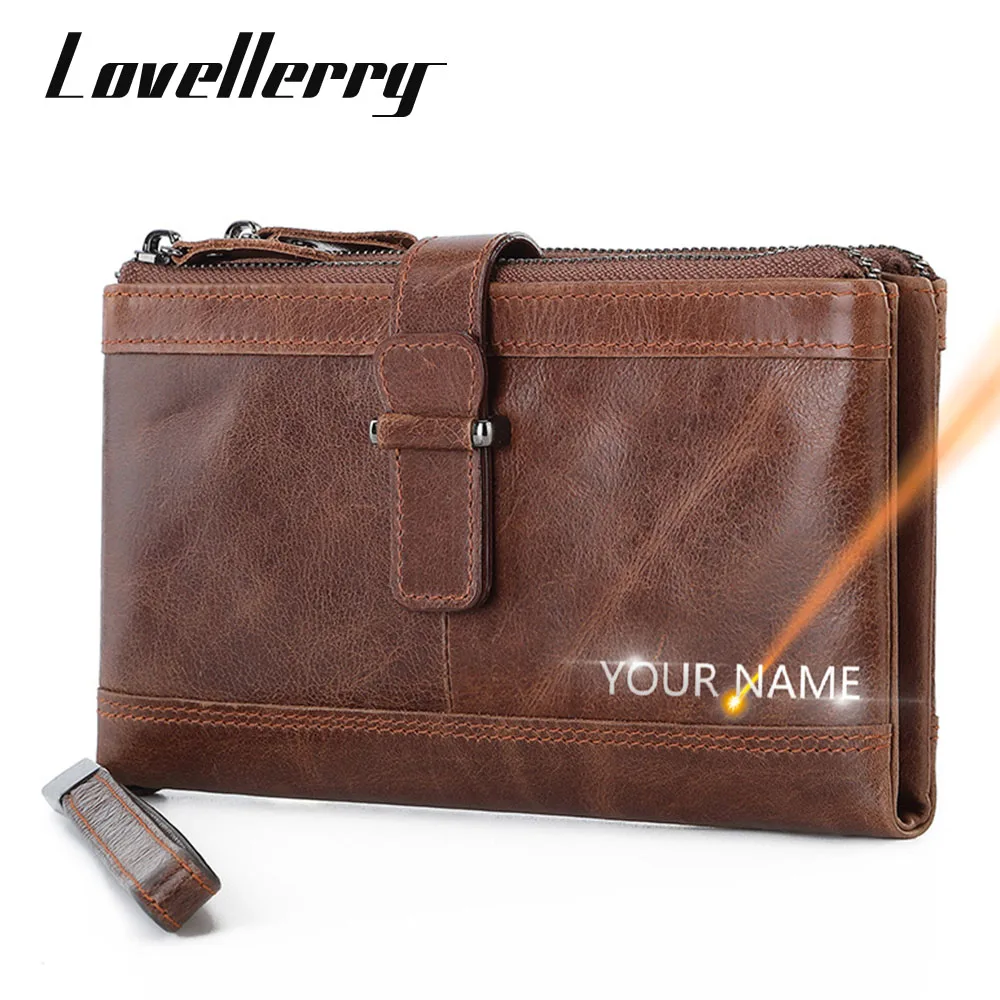 2022 Leather Long Men Clutch Wallets Double Zipper Name Customized Large Capacity Men Purse Phone Holder Leather Male Wallet