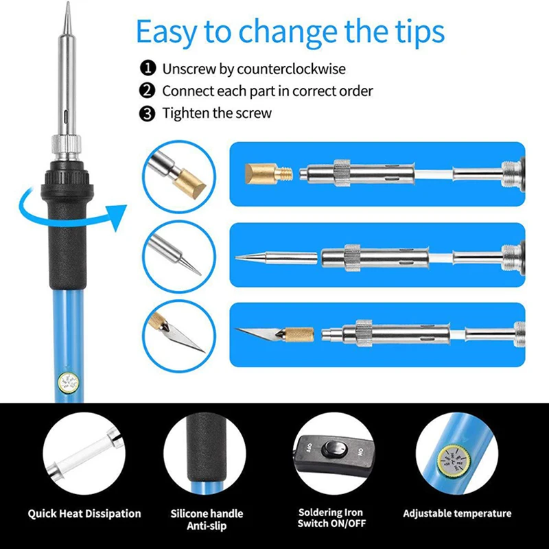 Imagem -03 - Kit de Ferro de Solda Ajustável 60 w Conjunto de Ferramentas Elétricas de Solda Cautin com Lápis de Cor para Pirografia