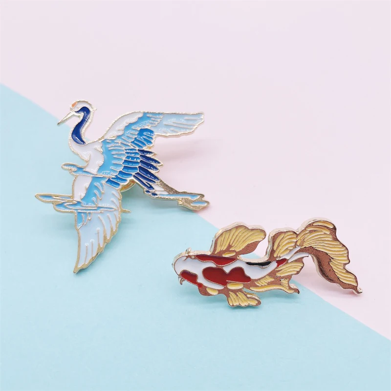 Creative Cartoon Animals Enamel Pins Birds Cranes Fish Koi Alloy Brooches Badges Clothes Accessories Exquisite Women Jewelry