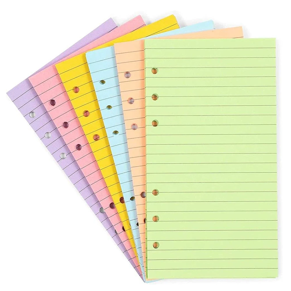 A6 Colorful 6-Hole Refills Inserts, 5-Color Loose Leaf Planner Filler Paper for Personal Organizer Binder, 50 Sheets/100 Pages