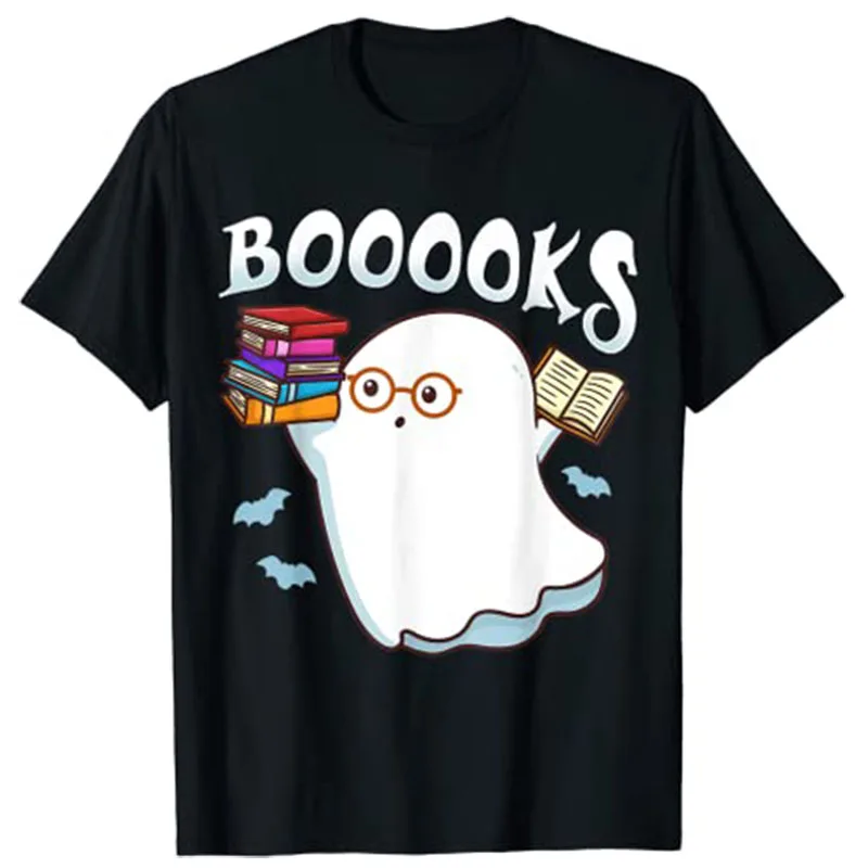 Halloween Books Librarian English Teacher Reader Ghost Reading T-Shirt Graphic Tee Shirts