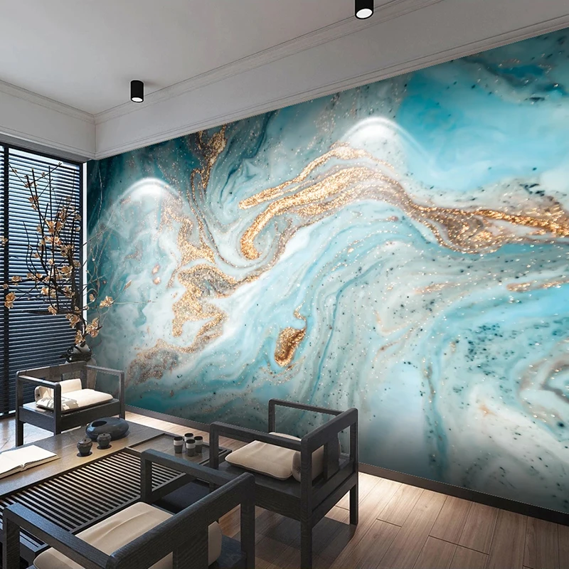 Custom 3D Mural Wallpaper Blue Ink Landscape Art Wall Painting Abstract Golden Marble Texture Living Room Wallpapers Home Decor