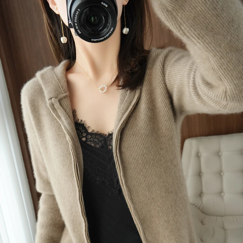 2021 Spring Autumn New Womens 100% Cashmere And Wool Cardigan Fashion Colors Female Knitted Hooded Large Size Soft Knitte Class