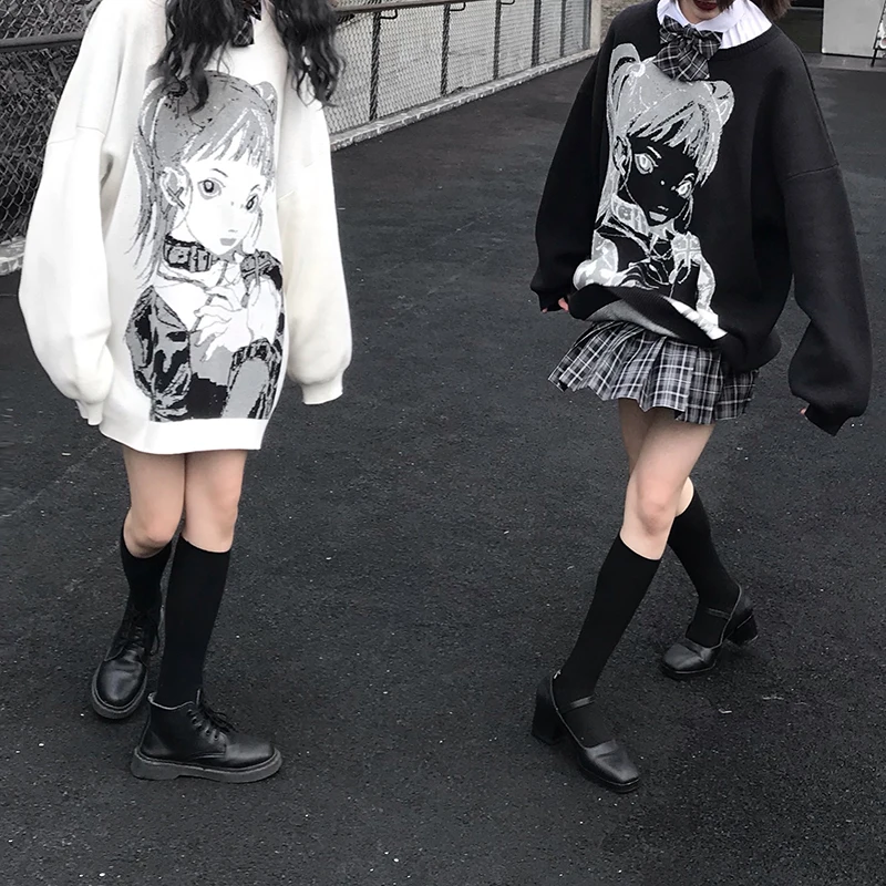 

Japanese Harajuku Anime cartoon print sweater High School Girls loose knitwear Round neck Gothic Casual long Sweaters For Women