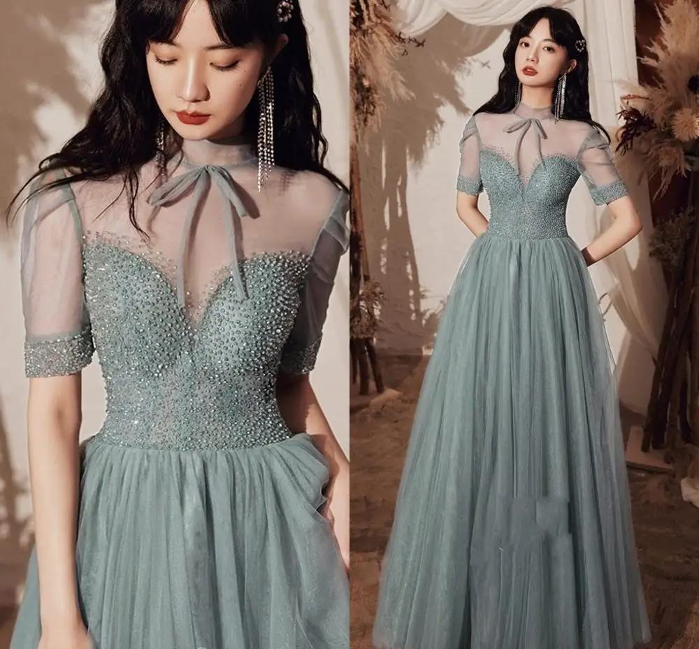 

Elegant High Neck Prom Gown Sage Crystal Beads Evening Dress Short Sleeves Formal Party Wear 2024 Long vestido fiesta