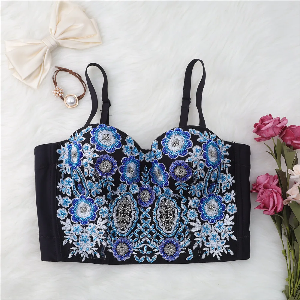 Beaded Embroidered Camisole Women's Stage Performance Underwear Fashion Ins Slim Sexy Bustier Bra Ultra Short Top Y1146