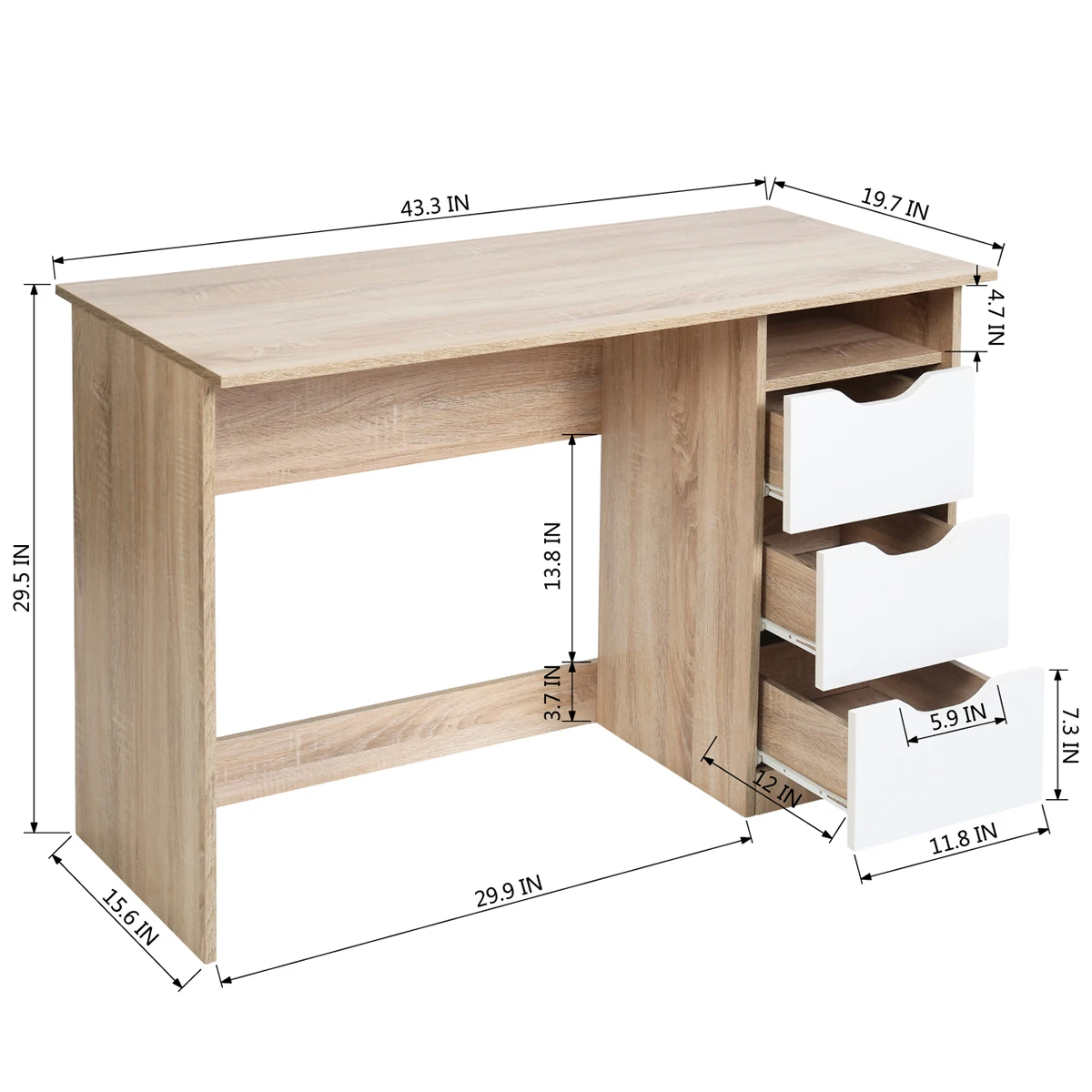 43.3 Inch Wood Corner Writing Table Workbench with Shelf 3 Drawers Storage On-Site Oak/Walnut[US-W]