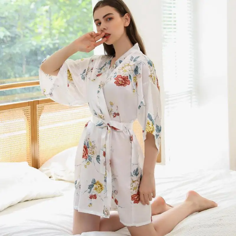 Half Sleeve Nightgown Intimate Lingerie Casual Home Clothing Sleepwear Short Summer New Kimono Robe Print Flower Women Bathrobe