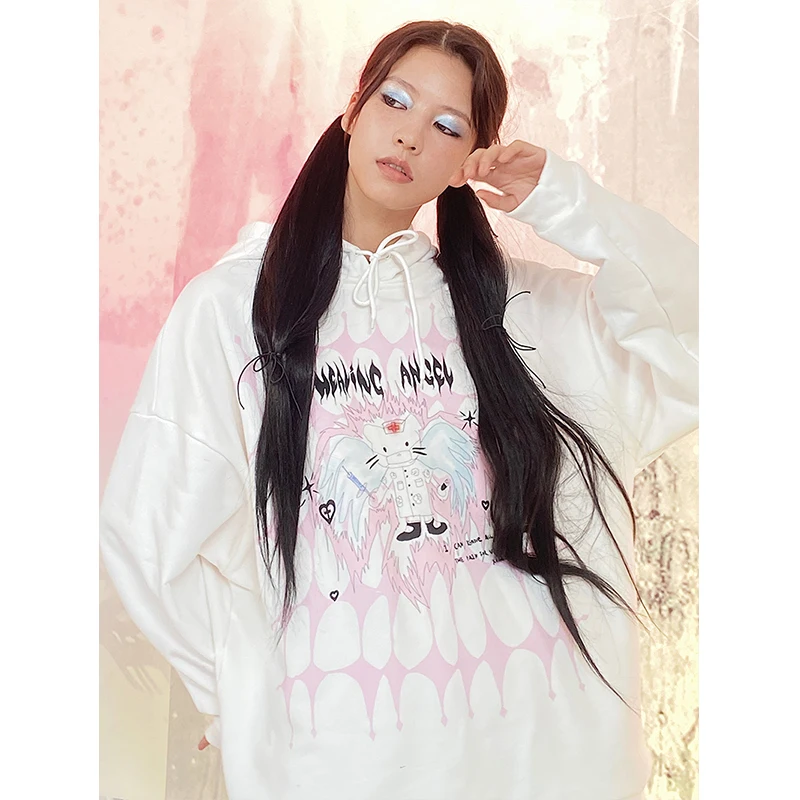 CFierce Original Design Oversized Cute Cat Print Sweatshirt Kawaii Hoodies For Women Gothic Solft Girl White Long Shirt Pullover