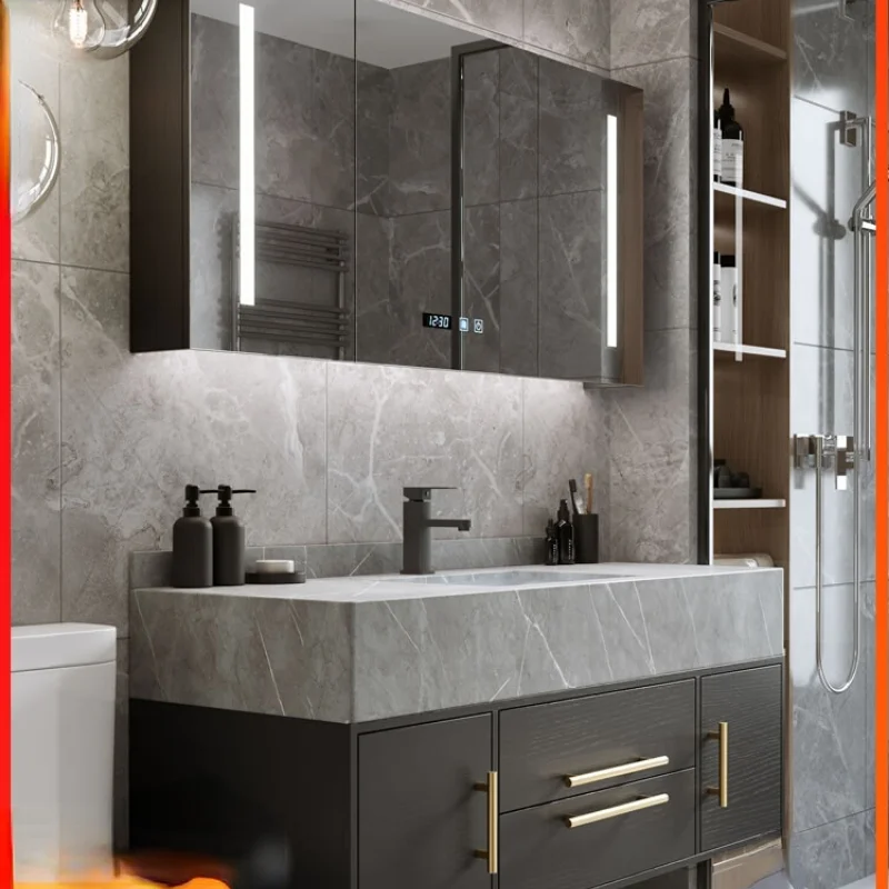 Light Luxury Stone Plate Bathroom Cabinet Combination All in One Set Hand Washing Washbasin Simple Modern Bathroom Table Mirror