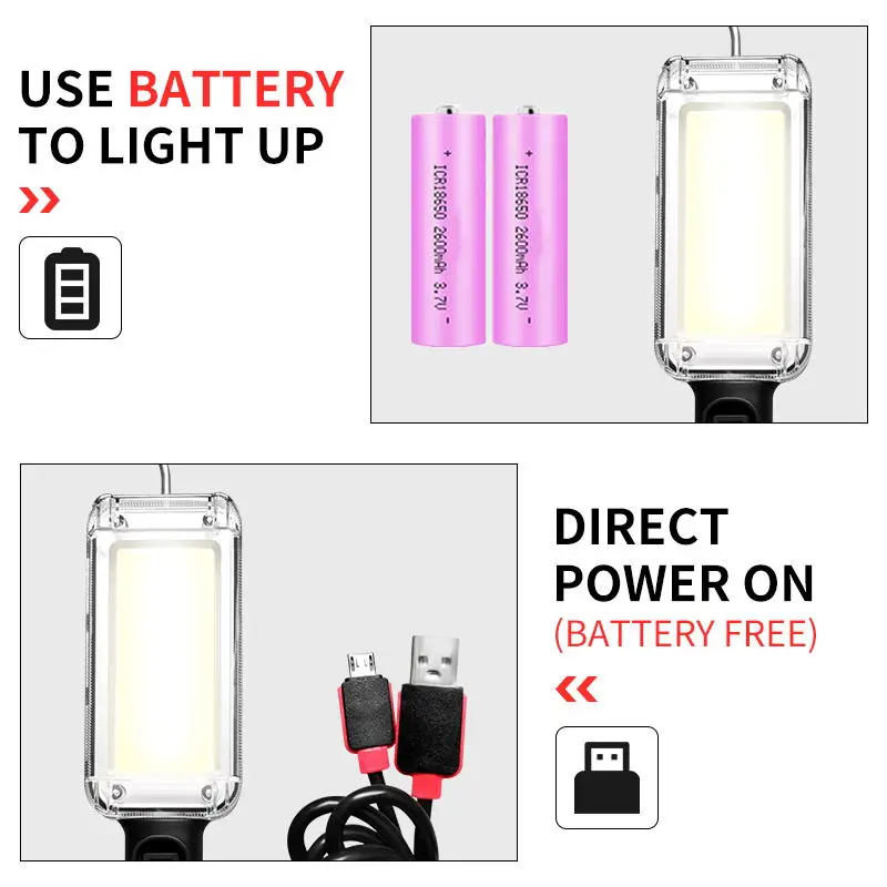 Luz LED de trabajo potente linterna portátil gancho imán lámpara de Camping COB USB recargable 5200mAh 18650 linterna antorcha impermeable