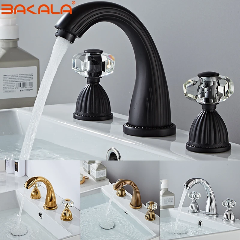 Balck/Gold/Antique Crystal handles Basin Sink Faucet Hot Cold Mixer Deck Mounted Mixer Crane Bathroom Tub Faucet Three holes