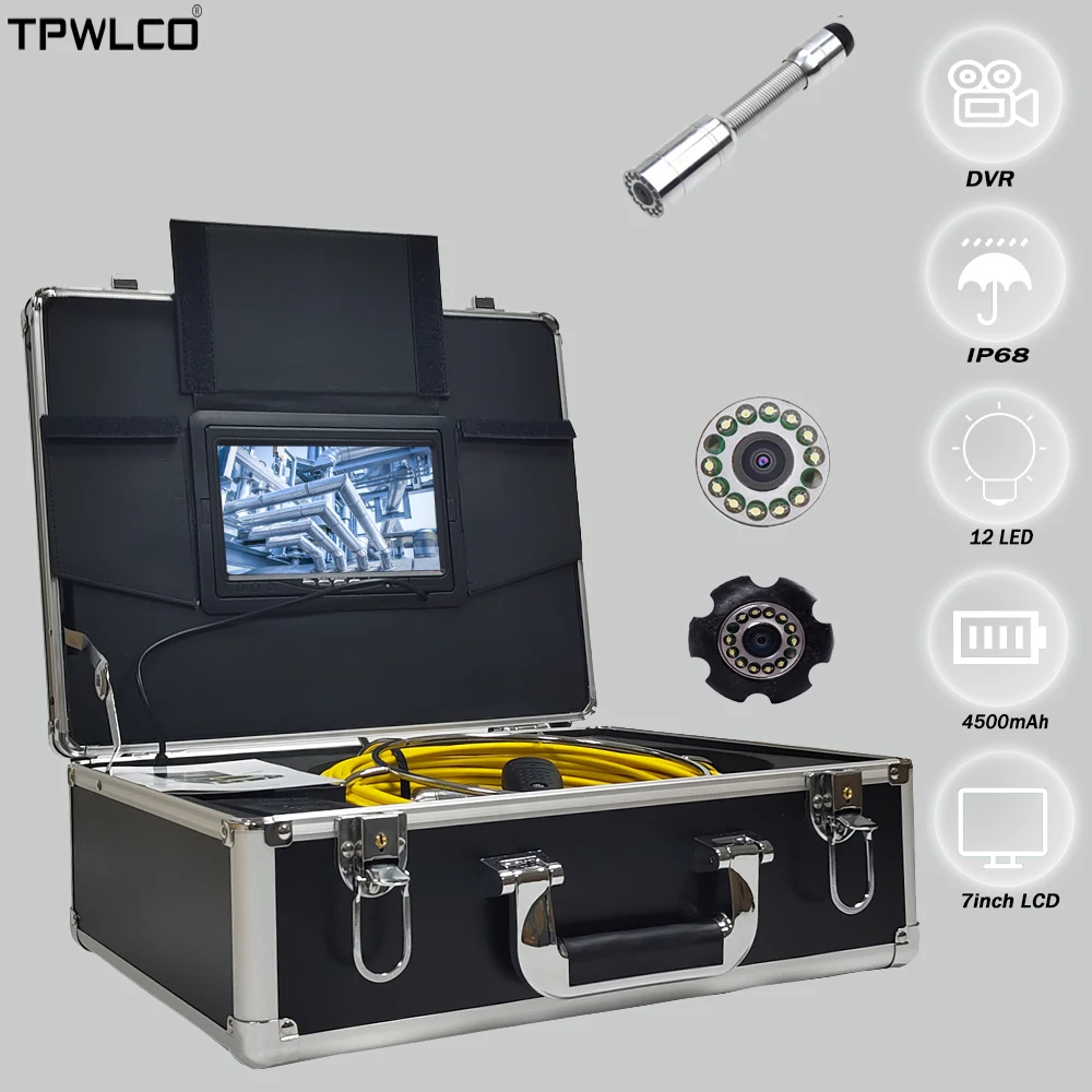 Portable HD 720P 7inch Monitor Pipe Drain Borescope Inspection Camera with 30m /40m/50m/60m Cable and DVR Recorder