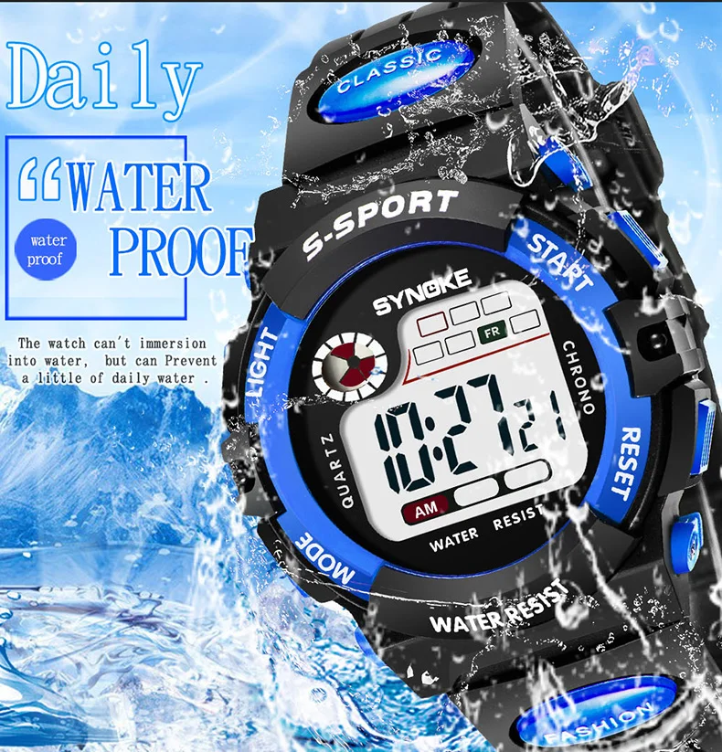 Kids Watches Navy Blue Camouflage LED Colorful Flash Digital Waterproof Alarm For Boys Girls Date Week SYNOKE Brand