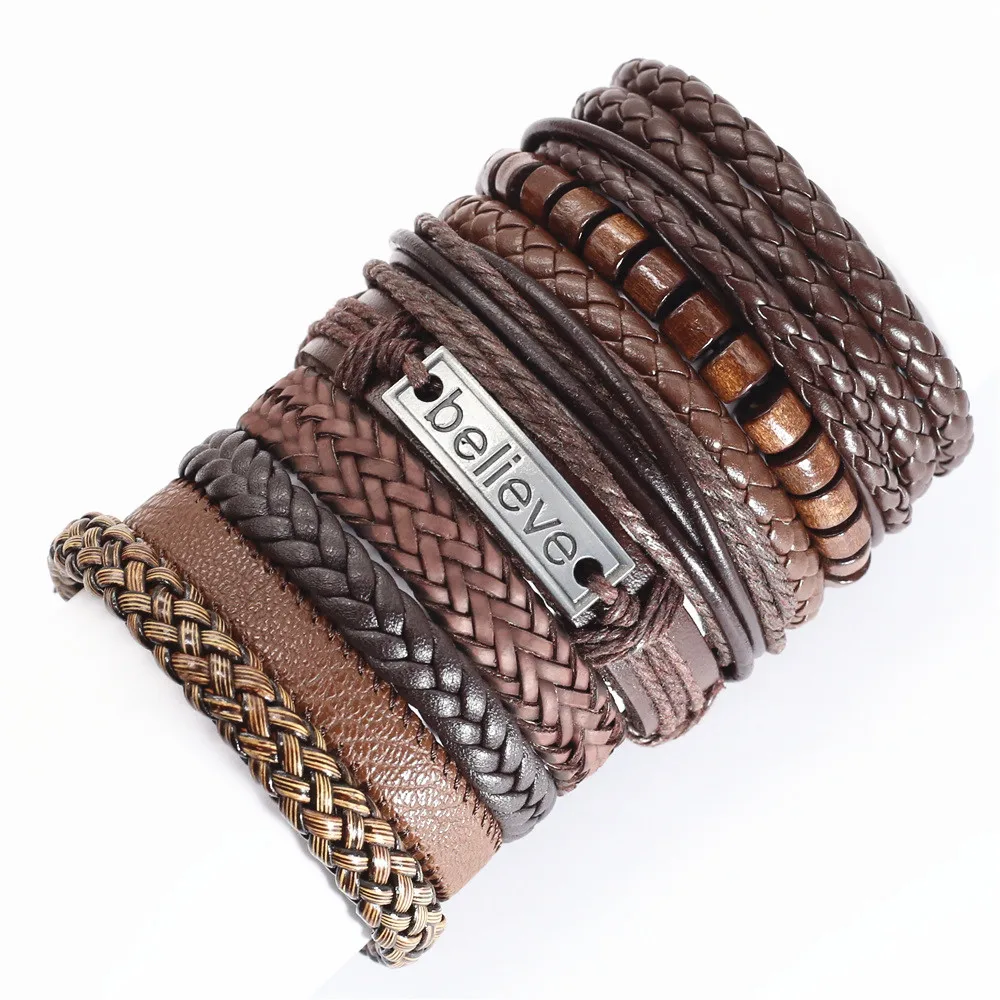 New Yellow Brown Leather Weave Feather Men Bracelets for Women Bangles Femme Homme Male Jewellery 10 Pcs/set