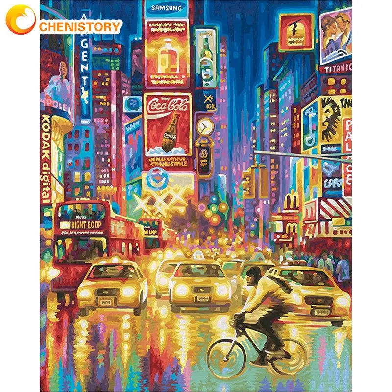 CHENISTORYที่มีสีสันUrban City Night SceneryภาพวาดDiyกรอบผ้าใบหน้าแรกตกแต่งห้องนั่งเล่นน้ำมันอะคริลิคภาพ