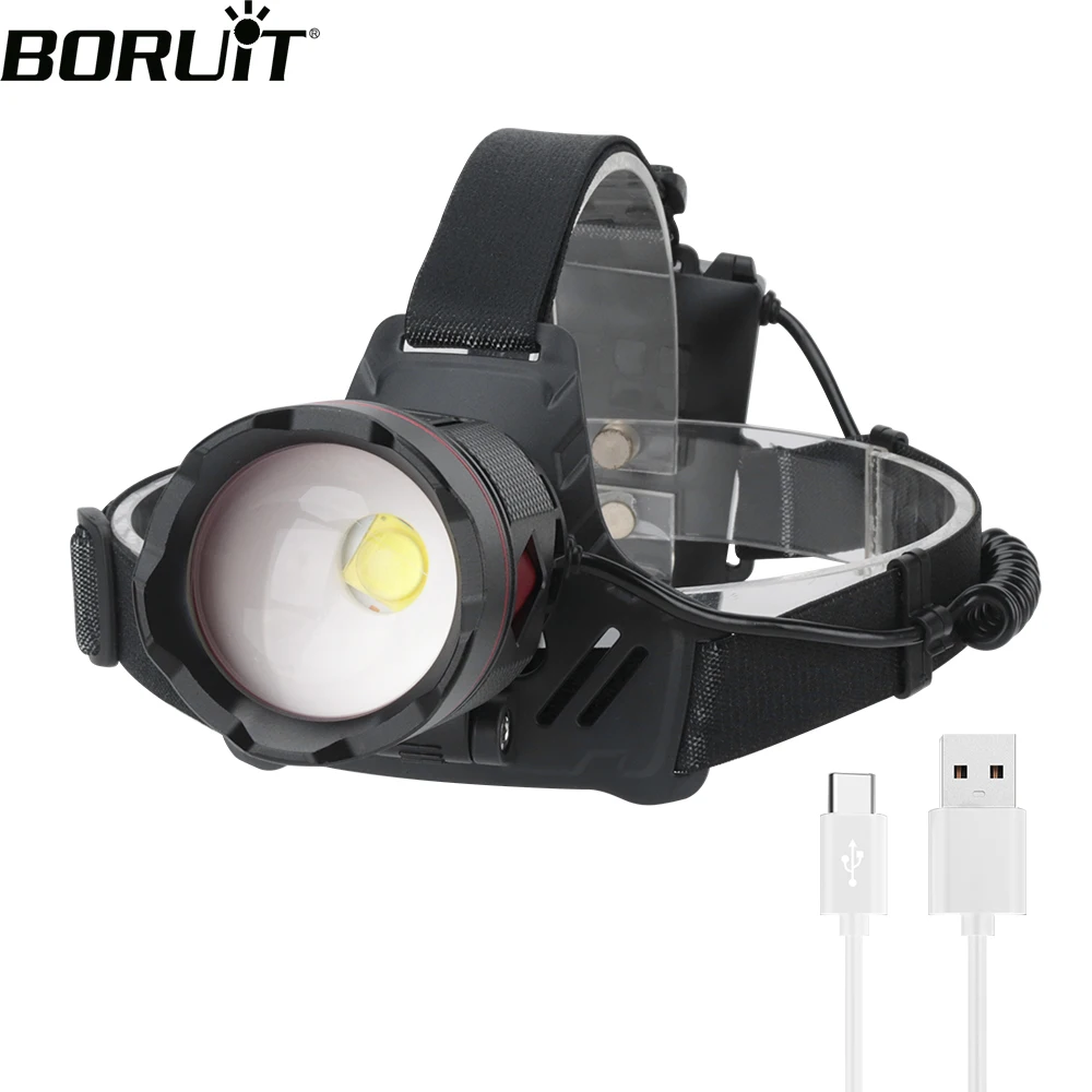 BORUiT-linterna frontal LED con zoom P70, faro superbrillante de 3000LM, recargable tipo C, resistente al agua, para pesca y acampada