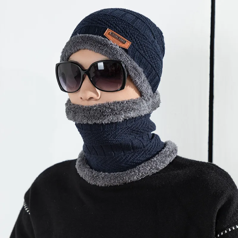 Ski Cap & Scarf Set Unisex Warm Leather Warm Winter Hats Men Women Knitted Hats Cap Warm Cap Skullies Beanies