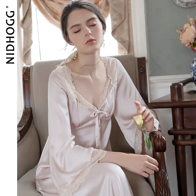 Autumn Thin Court Dress Long-sleeved Silk Sexy Sleepwear V-Neck Vintage Nightgowns Pink Long Sleeping Skirt Satin Slip Dress