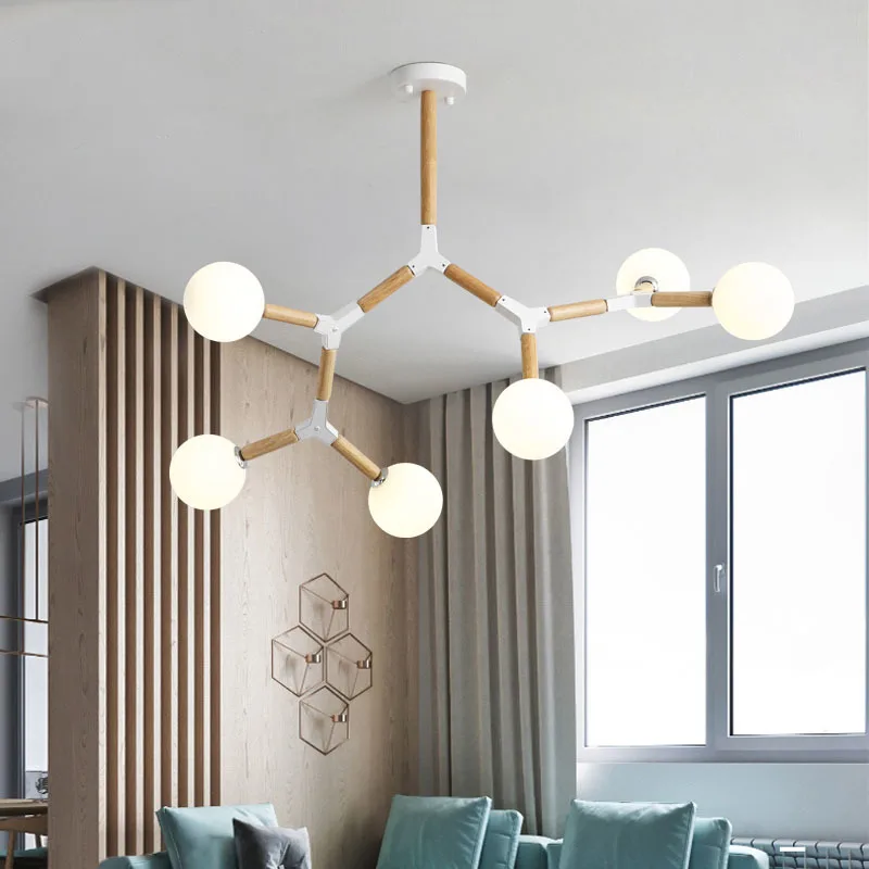 

Modern Creative Nordic LED Chandelier with Glass Ball for Living Room Bedroom Wooden Chandeliers G9 Indoor Lighting Fixtures