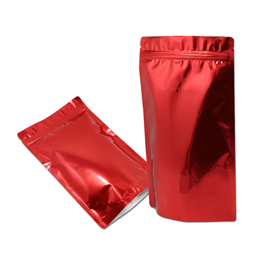 100Pcs Self Grip Seal Tear Notch Doypack Food Snack Coffee Tea Packaging Pouches Glossy Red Aluminum Foil Zip Lock Stand Up Bag