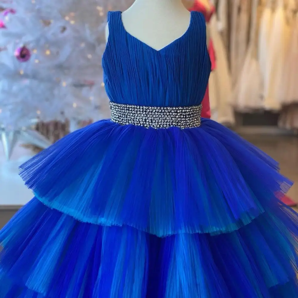 Vestido largo sin mangas con volantes para niña, vestido de desfile para niña pequeña, niño pequeño, adolescente, en la cintura con abalorios, color azul y rosa, 2021