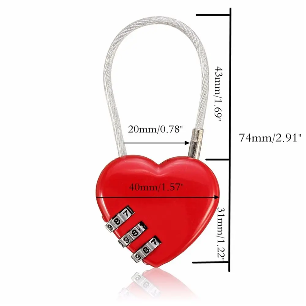 Hot Sale Love Password Lock Wire Rope Lock Travel Bags Three Bit Digital Lock Resettable Combination Padlock Heart