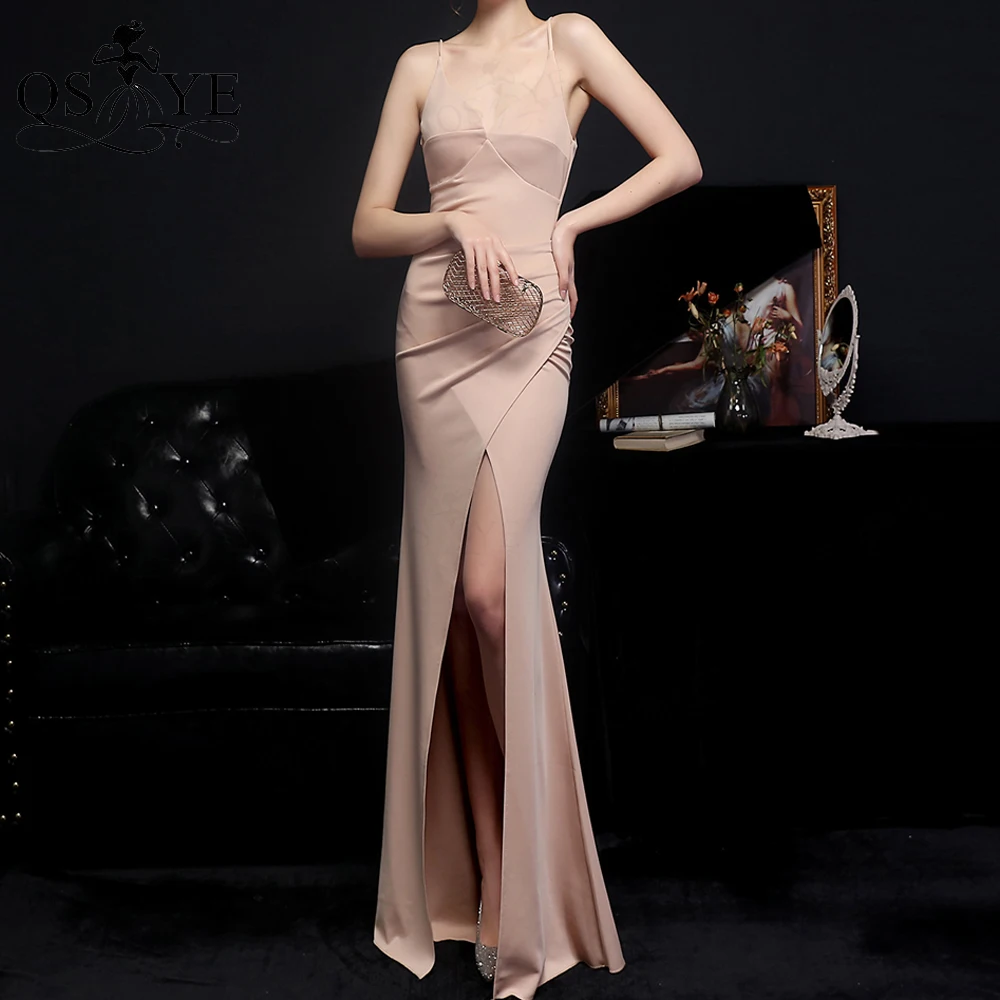 Champagne Evening Dresses Spaghetti Straps Elastic Satin Sexy Split Front Prom Gown Neck Open Low Back Bead Strings Party Dress