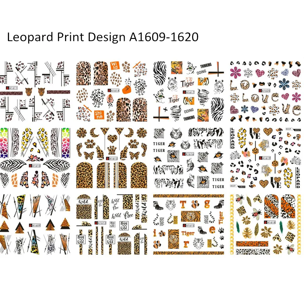 Autocollants de transfert à l'eau pour ongles, motifs léopard, animaux, zèbre, tatouage, manucure, décalcomanies, curseur, 12 motifs