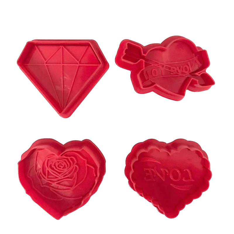 4Pcs Valentine's Day Love Couple Rose Diamond Cake Plunger Mold Cookie Cutter Fondant Decoration Tools Sugarcraft Biscuit Moulds